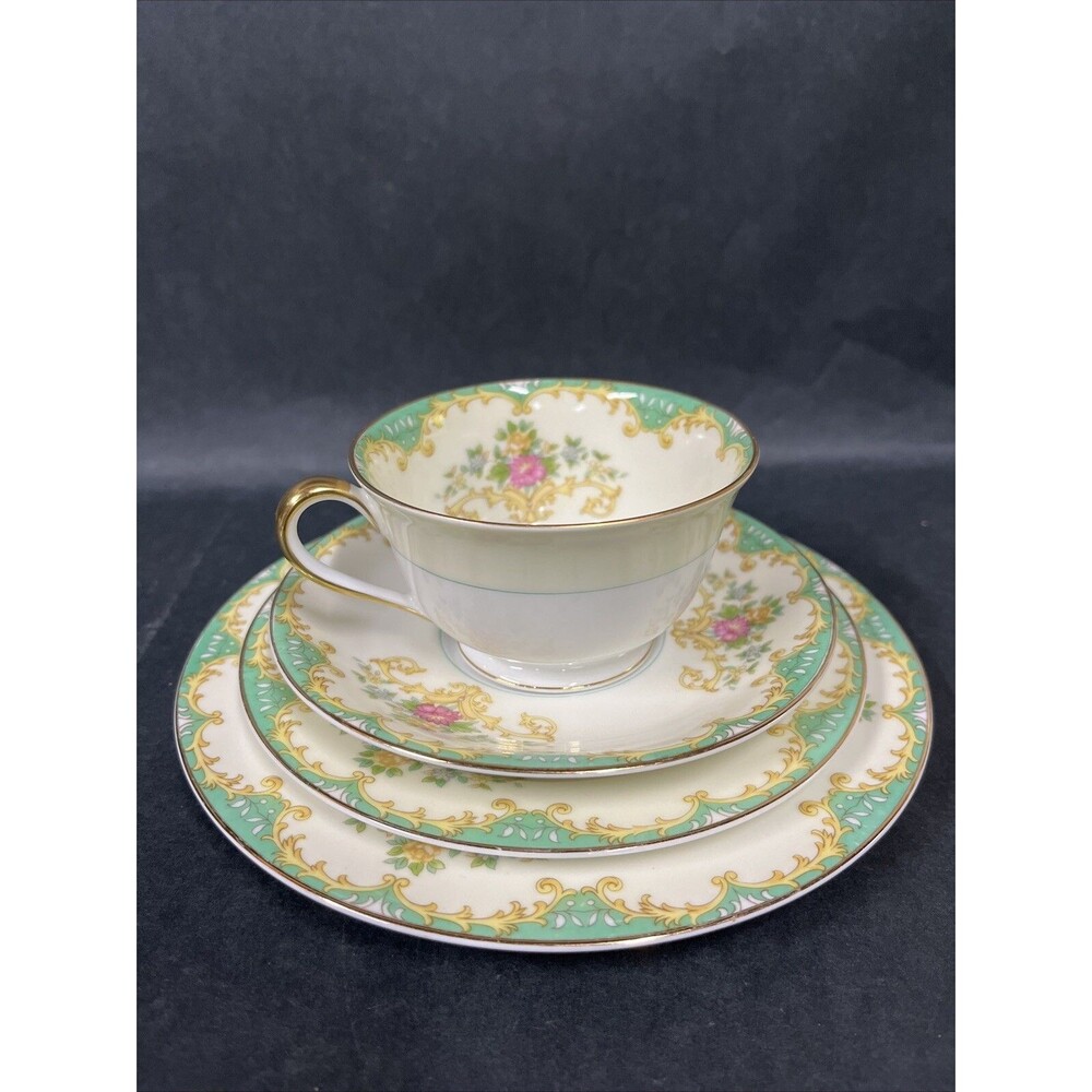 1930s Noritake Tiffany M Teacup Saucer Plate 4 Pc Set Gold Trim Ivory Aqua Beige